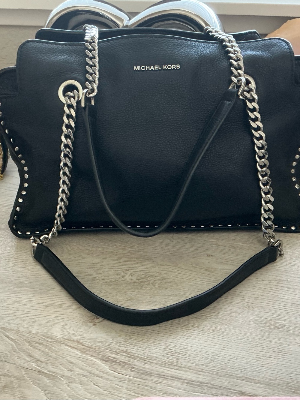 Michael Kors Black Leather Shoulder Tote with Silver Chain Straps